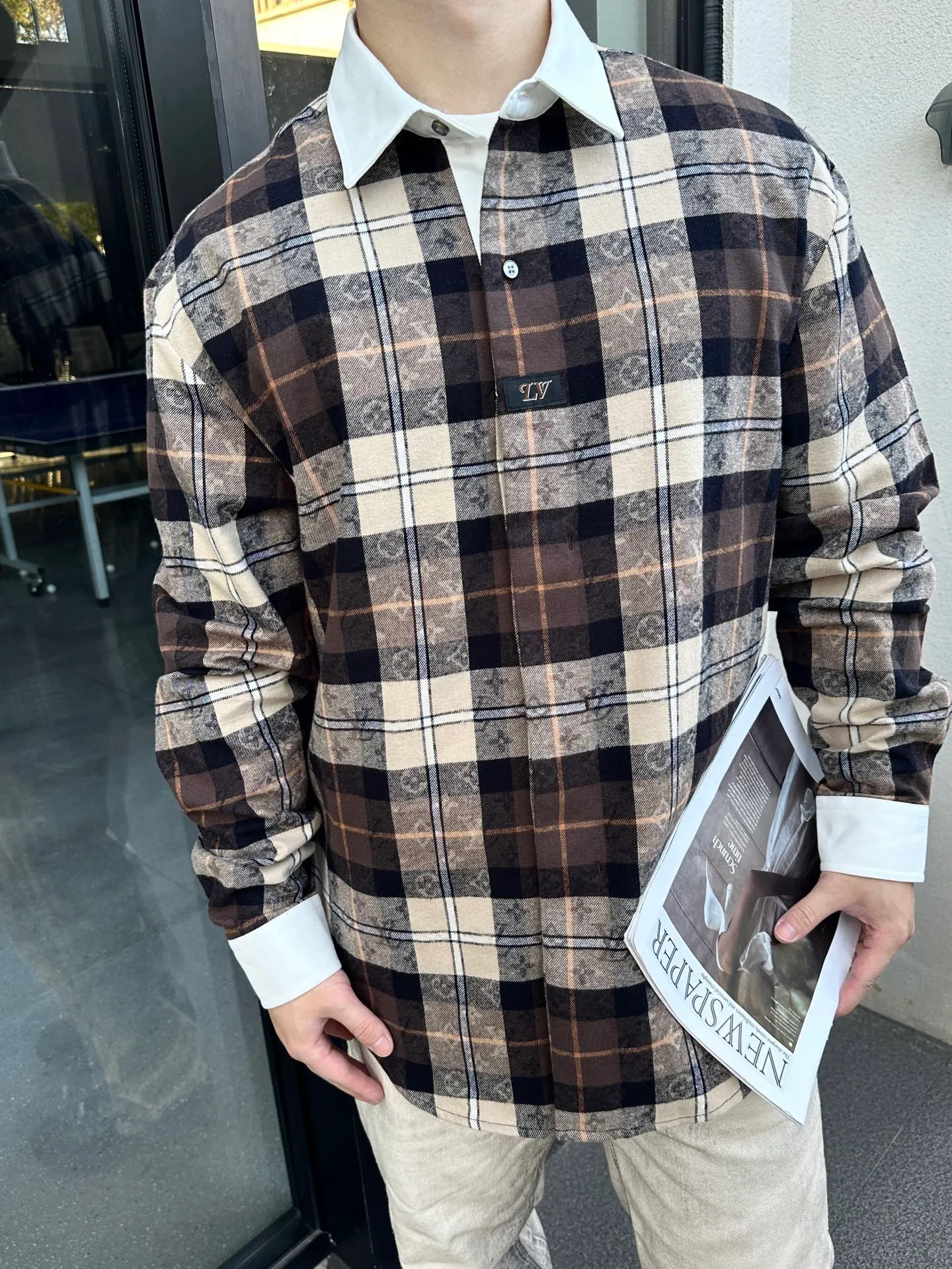 Louis Vuitton/Louis Vuitton plaid old flower jacquard white collar shirt